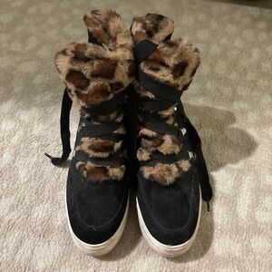 Women's Black Suede Lace-Up Sneakers with Leopard Faux Fur Trim